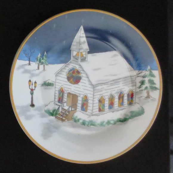 American Atelier Eight Inch 4 Plate Set Winter Village #5053 Colorful Ceramic - Picture 5 of 10